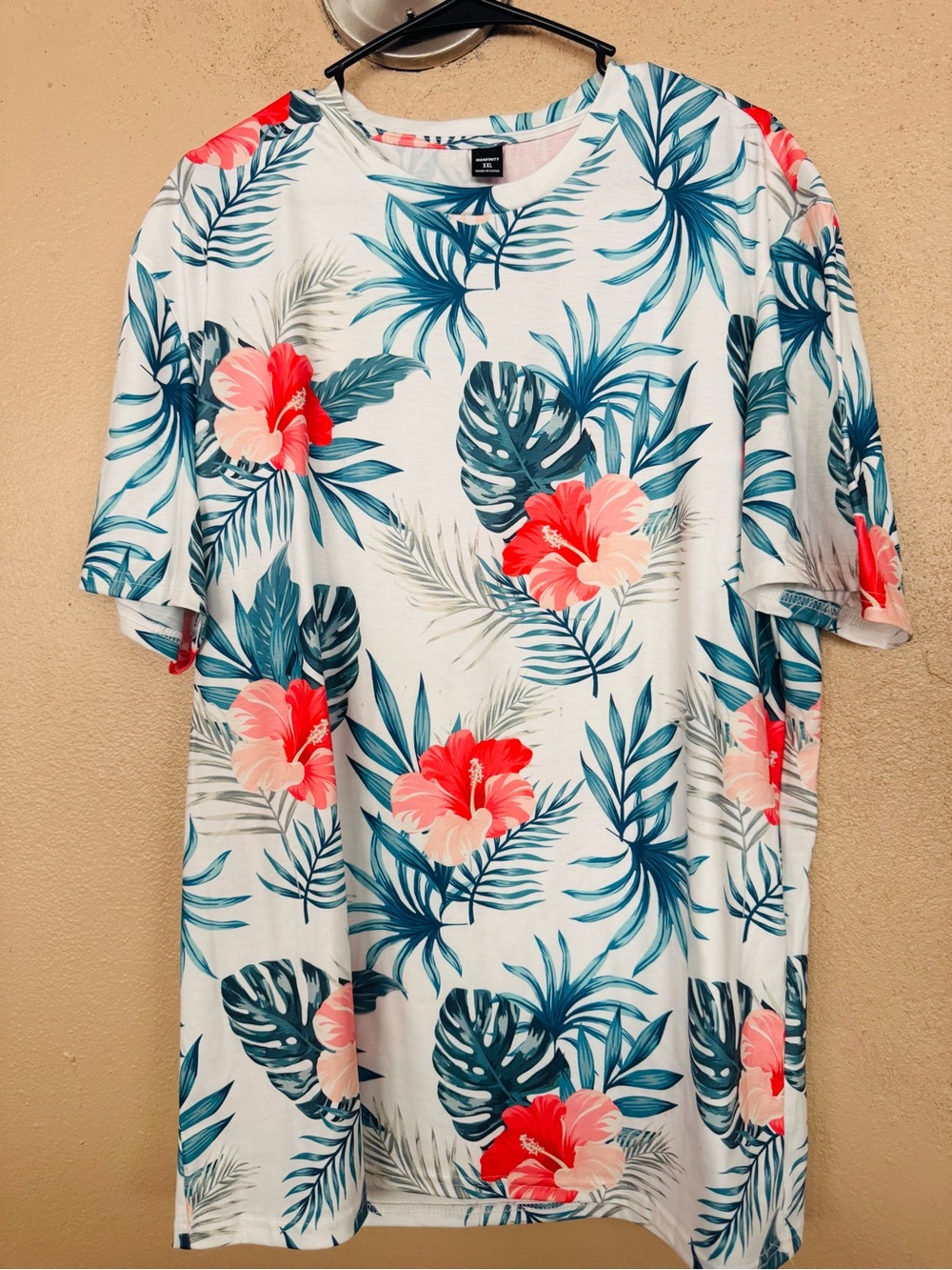 SHEIN White Short Sleeve Crew Neck Shirt with Teal Leaves & Coral Flowers